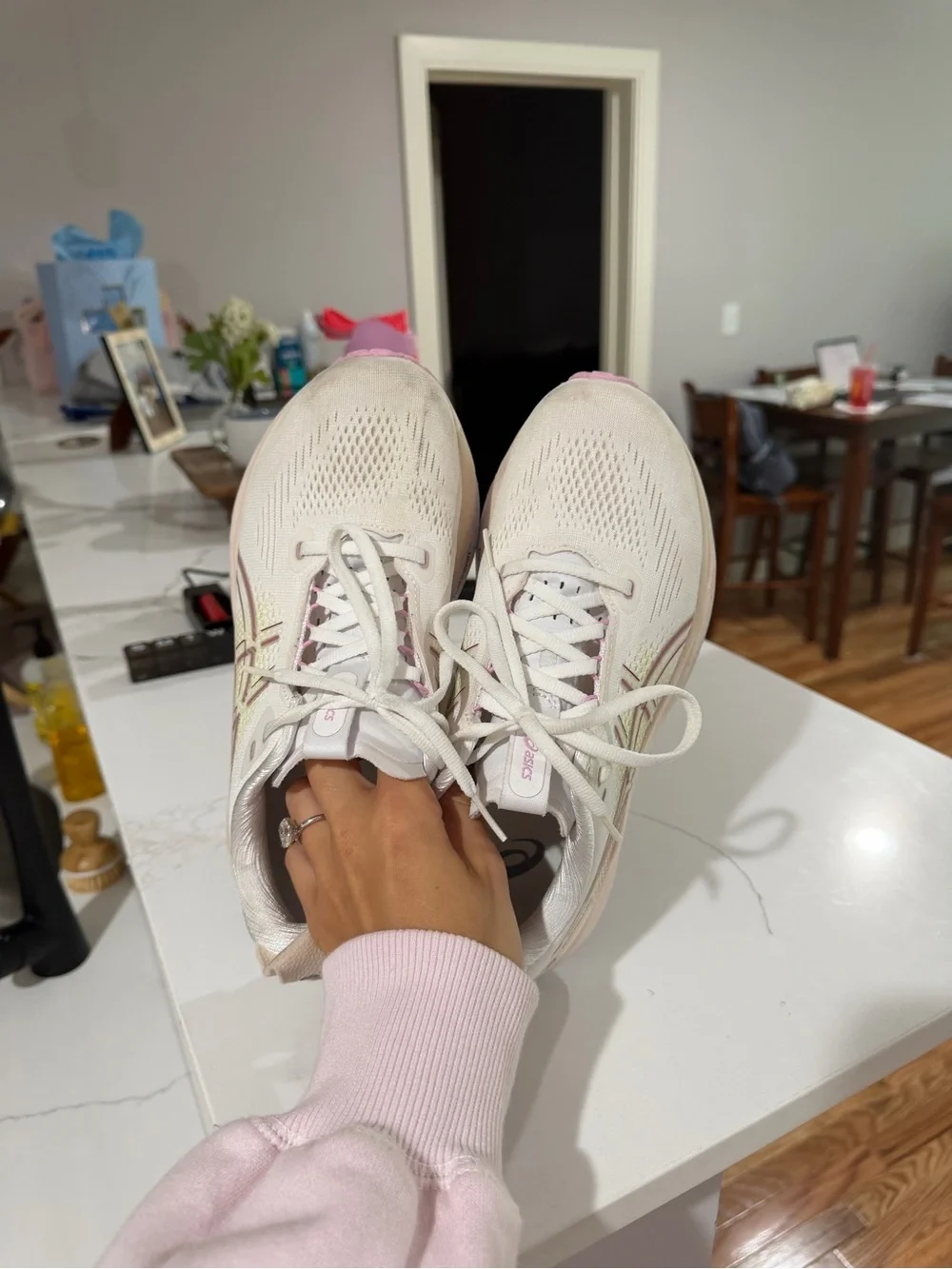 Asics GEL-Kayano 33 Women's Running Shoe - White with Pink Accents